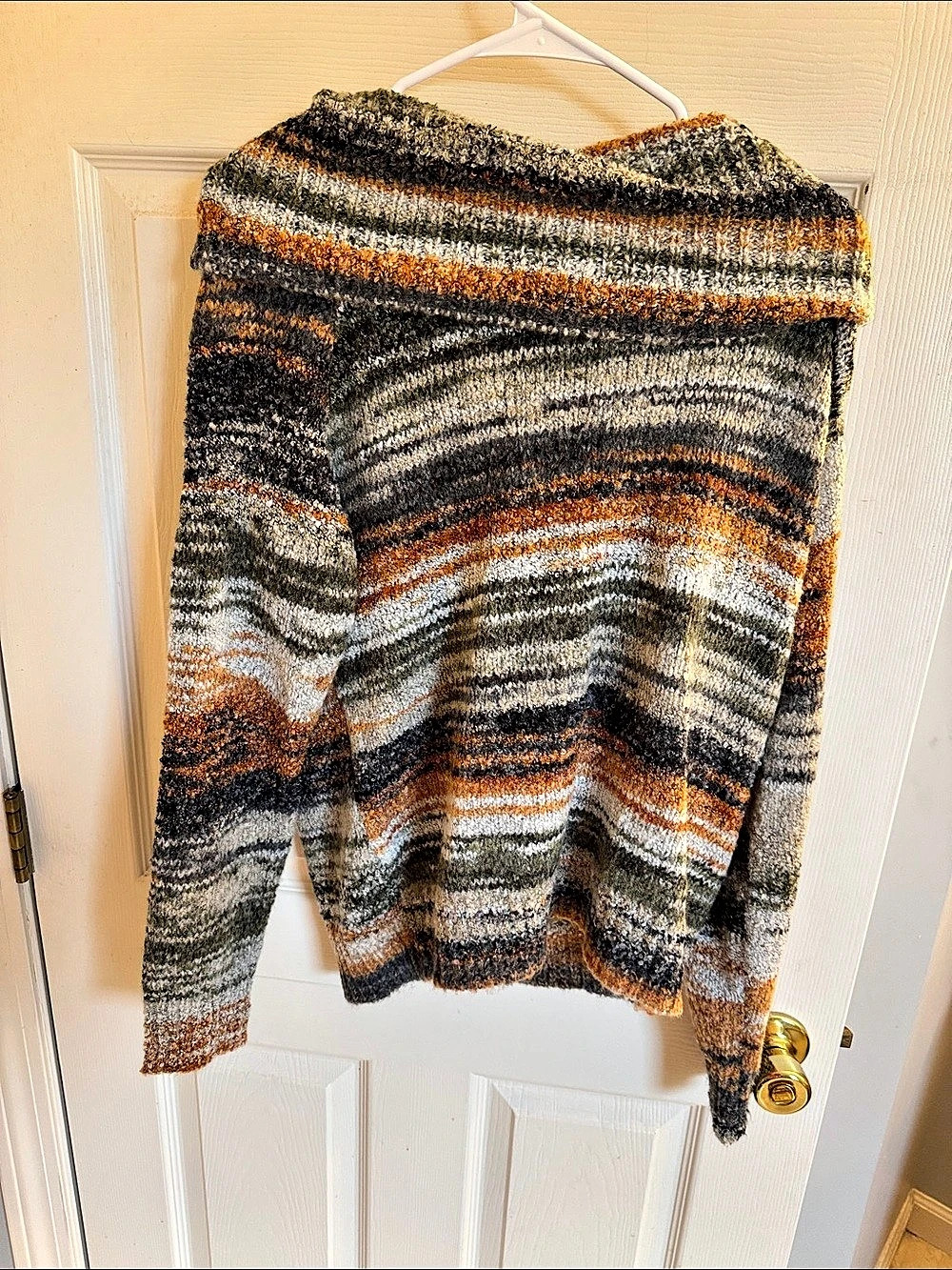 Pink Lily off the shoulder Feeling Cozy Multi Stripe Fuzzy Sweater Gray & Brown